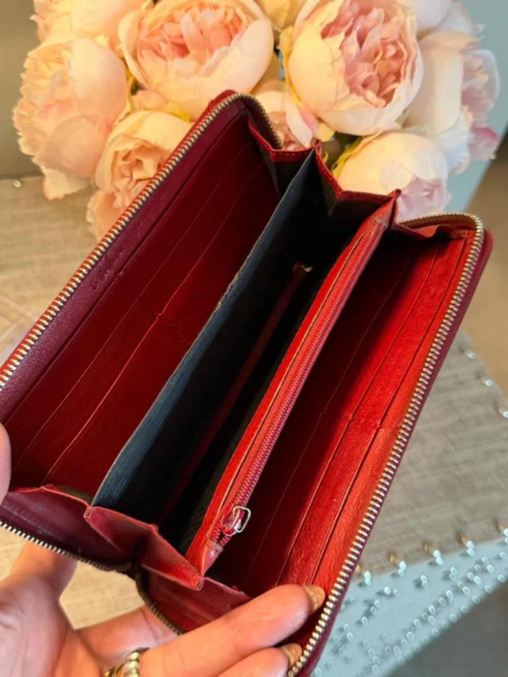 Yves Saint Laurent Red Leather Zip around Long Wallet with Stitched YSL - Picture 8 of 11